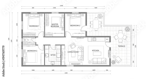 Elongated architectural floor plan of a modern house featuring multiple bedrooms, living room, kitchen, and an integrated outdoor terrace on an isolated white background.
