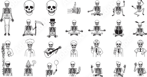 A collection of skeleton illustrations in various poses and costumes