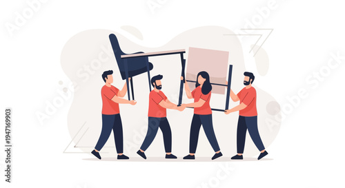 Teamwork moving office furniture, desk and chair, flat vector illustration