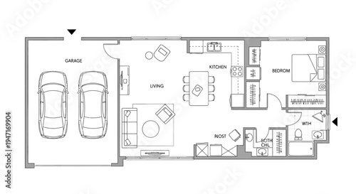 Detailed floor plan of a modern single-story house including a two-car garage, spacious living area, kitchen, multiple bedrooms, and bathrooms on an isolated white background.