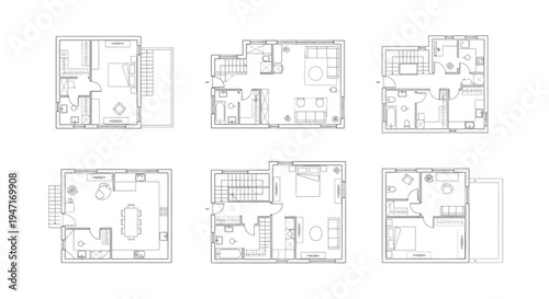 Collection of various apartment and house floor plan layouts on an isolated white background.