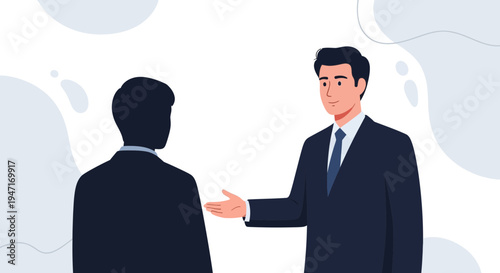 Two businessmen in suits talking, one extending hand in greeting or discussion
