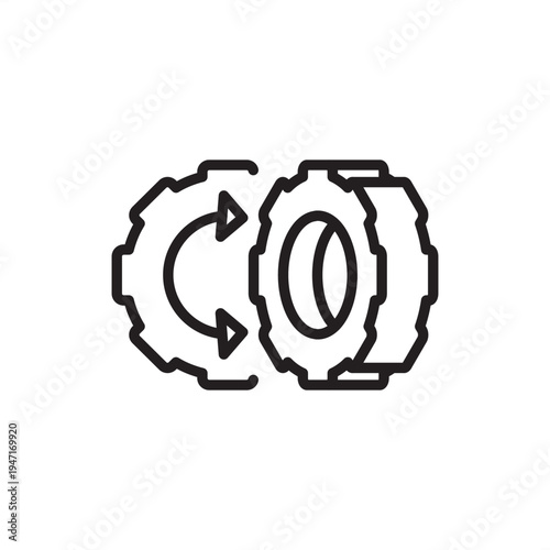 Tire pyrolysis icon. Waste rubber tech, representing thermal reactor hardware, fuel oil recovery tools, carbon black production systems, scrap steel recycling, and circular economy engineering gear.