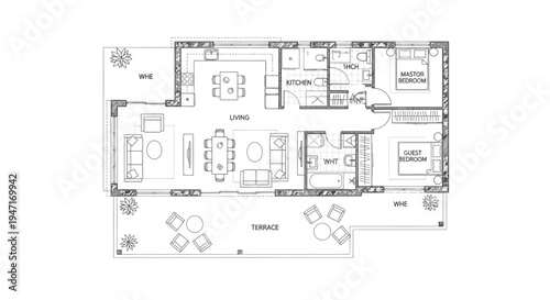 Comprehensive Multi-Bedroom House Floor Plan with Terrace and Guest Bedroom on Isolated White Background
