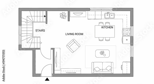 Architectural floor plan depicting living room, kitchen, and stairs in a multi-level home design, on an isolated white background.