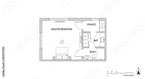 Detailed master bedroom suite floor plan with private bathroom and closet, on an isolated white background.