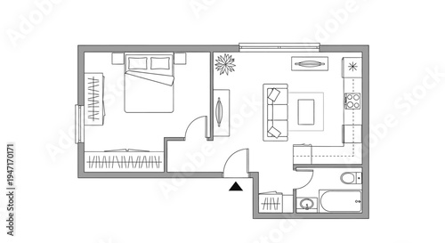 One-bedroom apartment floor plan with kitchen, living room, bathroom, and outdoor space in bright studio.