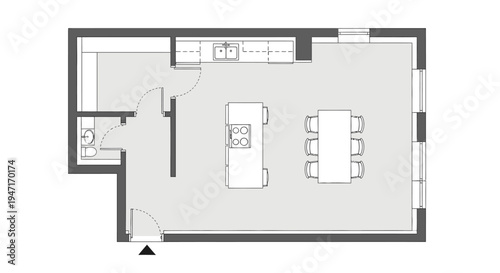 Open concept apartment floor plan featuring a kitchen island, dining area, living room, bedroom, and bathroom in bright studio.