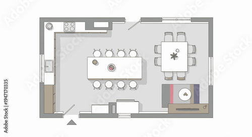 Modern Dining Room Furniture Layout in a House Floor Plan on Light Gray Background