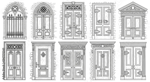 Ornate Door Designs Collection – Vintage Architectural Doorways Black and White Detailed Line Art Illustration Set