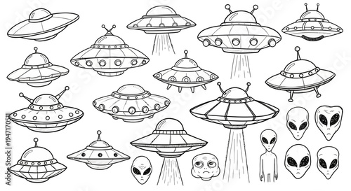 Set of Hand Drawn UFO Spaceships and Alien Characters
