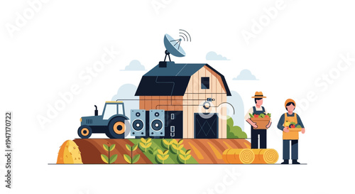 Smart Farming Technology Concept. Digital Agriculture, Farm Automation, and Agribusiness Innovation with Farmers, Tractor, and Connectivity Devices.