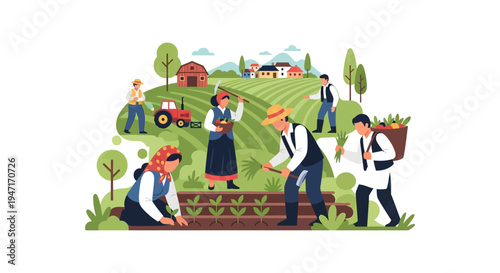 Community Farming Team Working Together on Agricultural Field. Farmers Planting, Harvesting, and Cultivating Crops. Rural Labor Vector Illustration.