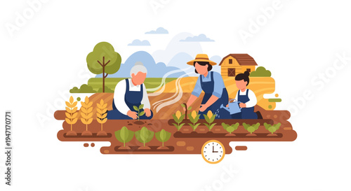 Generational Family Farming Illustration: Women and Child Planting and Watering Crops in Agricultural Field
