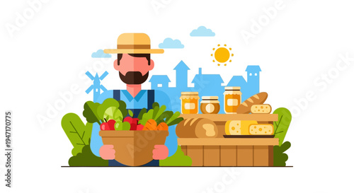 Farmer Holding Basket of Fresh Vegetables and Fruit. Flat Vector Illustration of Local Market Stall with Bread, Cheese, and Honey Jars. Organic Produce Concept.