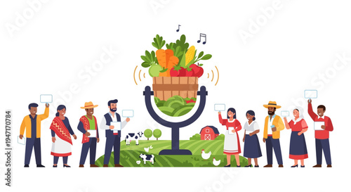 Agricultural Podcast Concept: Diverse Farmers, Fresh Produce Basket Microphone, and Food Communication on a Farm Landscape.