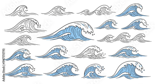 Set of Hand-Drawn Ocean Wave Illustrations