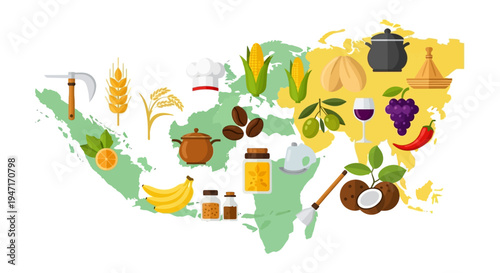 Global Food Production Map: Agriculture, Staple Crops, Spices, and Culinary Icons on a World Contour Vector Illustration.