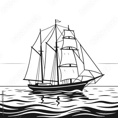 Outline sailing ship on sea waves illustration isolated on light background. Sailing ship, tall ship, sea voyage, ocean sailing, vintage vessel concept