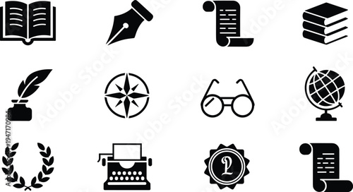 Set of twelve black and white icons related to education and history learning knowledge