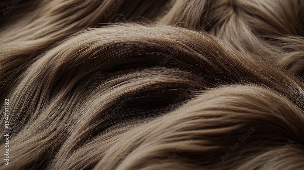 Naklejka premium Extreme close up macro view of luxurious soft wavy layered deep brown chocolate colored human hair texture with subtle highlights and shadows showcasing intricate strands