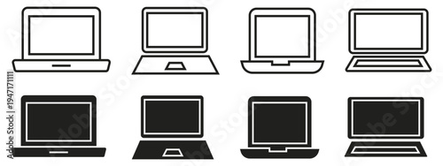 Laptop line and solid icons set