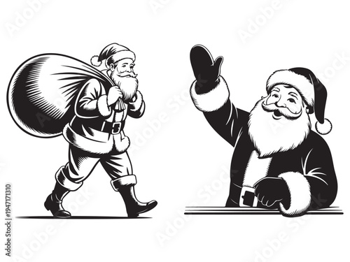 Vintage Santa Claus Illustration Set with Gift Bag and Waving Hand