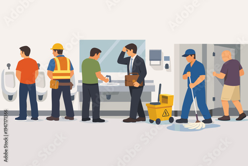 Diverse men and workers in a public male restroom with a janitor cleaning, businessman with briefcase, construction worker, and people using urinals and sinks in a simple flat vector illustration.