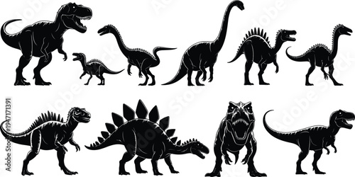 Silhouette Collection Of Various Dinosaur Species On White Background prehistoric ancient