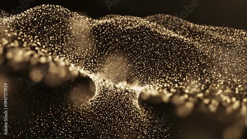 Abstract Golden Particles Flowing and Swirling in a Dark Digital Space.