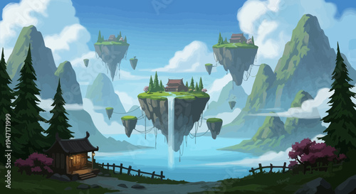 Fantasy Floating Islands with Waterfall and Mountain Landscape