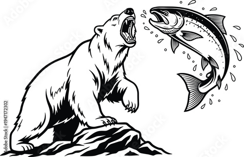 Black and white illustration of bear roaring on rock with leaping salmon fish in dynamic nature scene wildlife predator prey interaction artistic drawing
