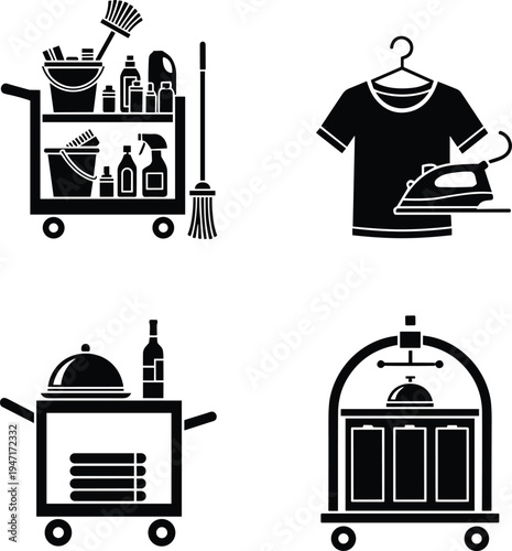Black and white icon illustration of hotel services including housekeeping cart laundry ironing room service food trolley luggage bellhop assistance hospitality amenities artwork