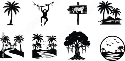 Black and white jungle tropical vector illustrations featuring palm trees monkey tiger hut river landscape birds and dense canopy artistic design suitable for nature wildlife and decorative concepts