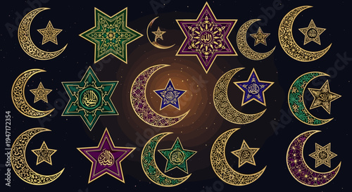 Islamic Crescent Moon and Star Vector Icons