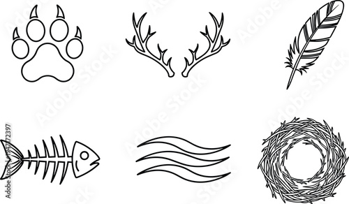 Black and white nature wildlife icons including paw print antlers feather fish skeleton water waves and bird nest stylized vector design suitable for environment animal and decorative concepts