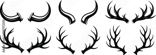 Black and white stylized illustration collection of six pairs of antlers arranged in grid format showcasing decorative branching designs abstract naturalistic artwork