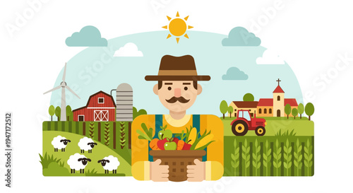 Smiling Farmer with Harvest Basket. Flat Design Agriculture Vector Illustration of Rural Farm Landscape with Barn, Tractor, Sheep, and Fresh Produce.
