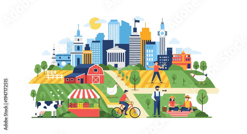 Sustainable Cityscape: Urban Farm Life, Modern Buildings, Agriculture, Local Market, and Green Living Vector Illustration.
