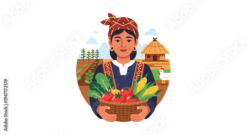 Indigenous Farmer Woman Holding Fresh Harvest Basket in Traditional Village Setting Vector Illustration