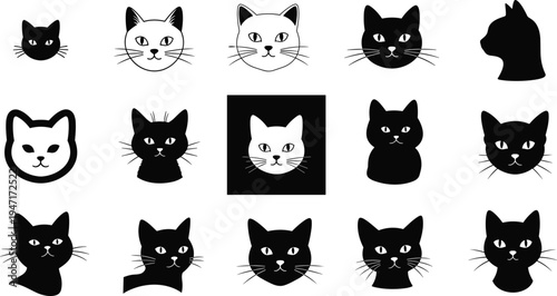 Black and white stylized illustration collection of sixteen cat face icons arranged in grid showcasing diverse artistic designs silhouettes detailed whiskers fur textures artwork