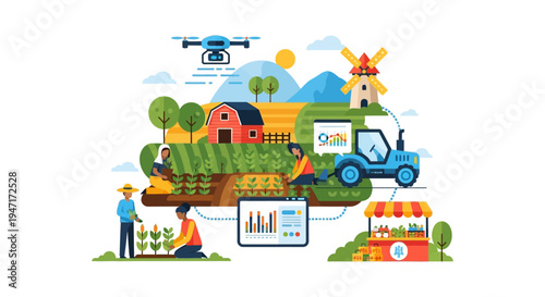 Modern Smart Farming Ecosystem: Digital Agriculture Technology, Drone Monitoring, and Sustainable Food Supply Chain Illustration