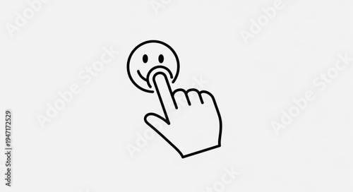 Hand finger pressing happy smiley face icon simple line drawing.