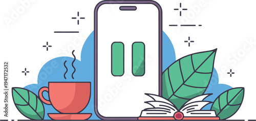 Minimalist digital break illustration featuring smartphone pause icon coffee cup and green leaves background
