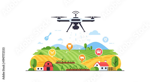 Precision Agriculture Drone Monitoring Smart Farm. Automated Farming Technology, Data Collection, and Modern Rural Landscape Illustration.