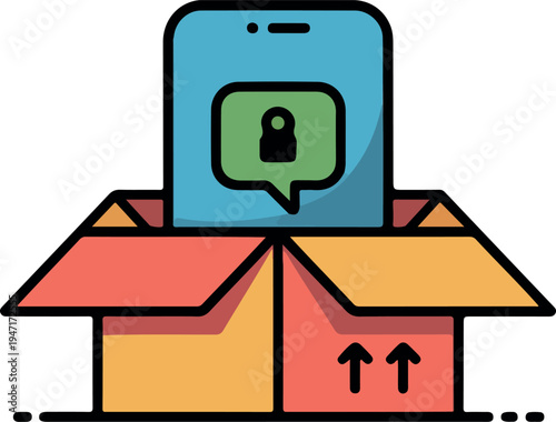 Secure shipping package concept with smartphone privacy lock icon and cardboard box delivery illustration