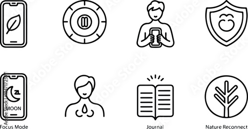 Set of eight wellness and digital detox icons for mobile apps and healthy lifestyle, line art style