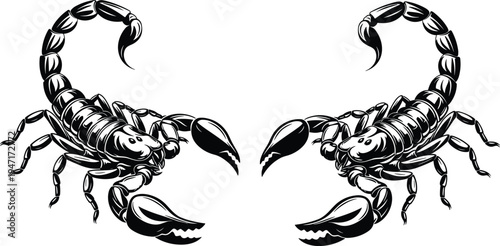 Black and white symmetrical illustration of two scorpions facing each other with detailed claws segmented bodies curved tails stingers raised astrology strength danger artwork
