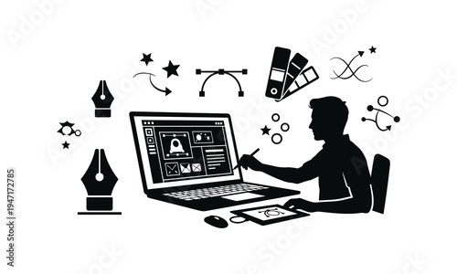 Creative professional designing graphics on a laptop surrounded by design tools and icons