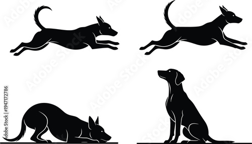 Black dog silhouette illustrations showing multiple poses including leaping crouching sitting and tracking artistic design representing canine movement agility behavior nature and decorative concepts